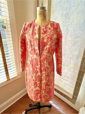 Lafayette New York 148 Pink Floral Jacquard Silk Topper Jacket Size 10